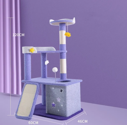 Large cat scratching and climbing platform with purple base, star panel cubby, and cloud top