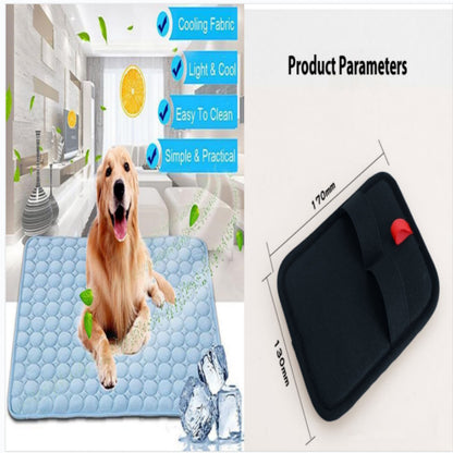 Blue pet cooling pad with black underside and stitched seams, corner view