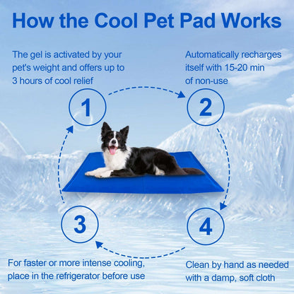 Blue gel pet cooling mat with black and white dog lying on it