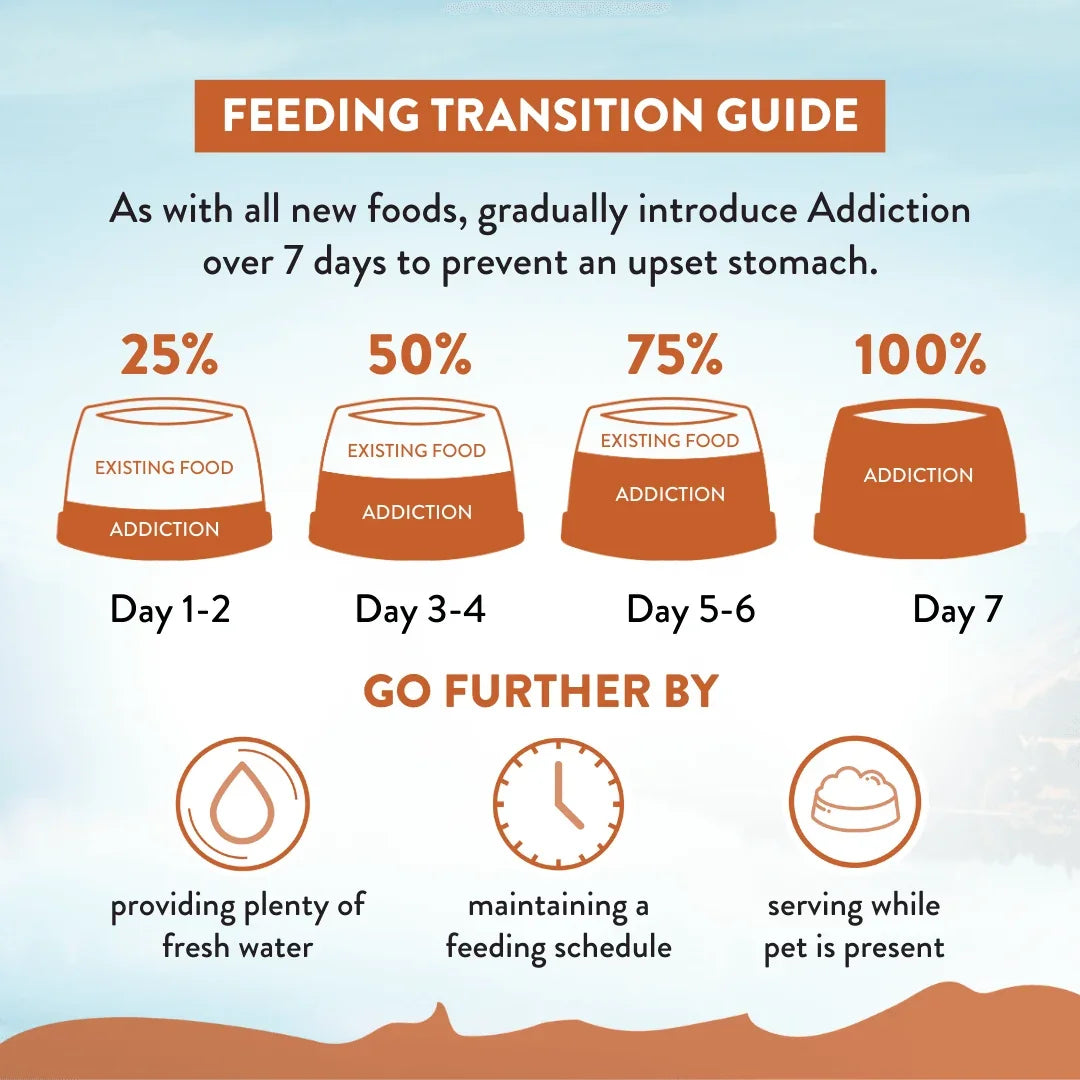 Addiction Pet Foods USA 7-day feeding transition guide for dry dog food.