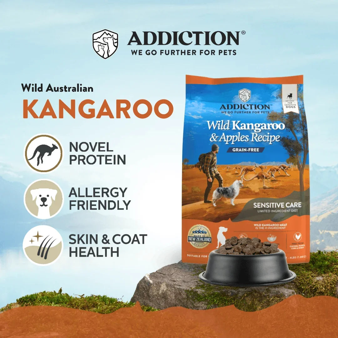 Addiction Pet Foods USA Wild Kangaroo & Apples Recipe grain-free dry dog food packaging and bowl.