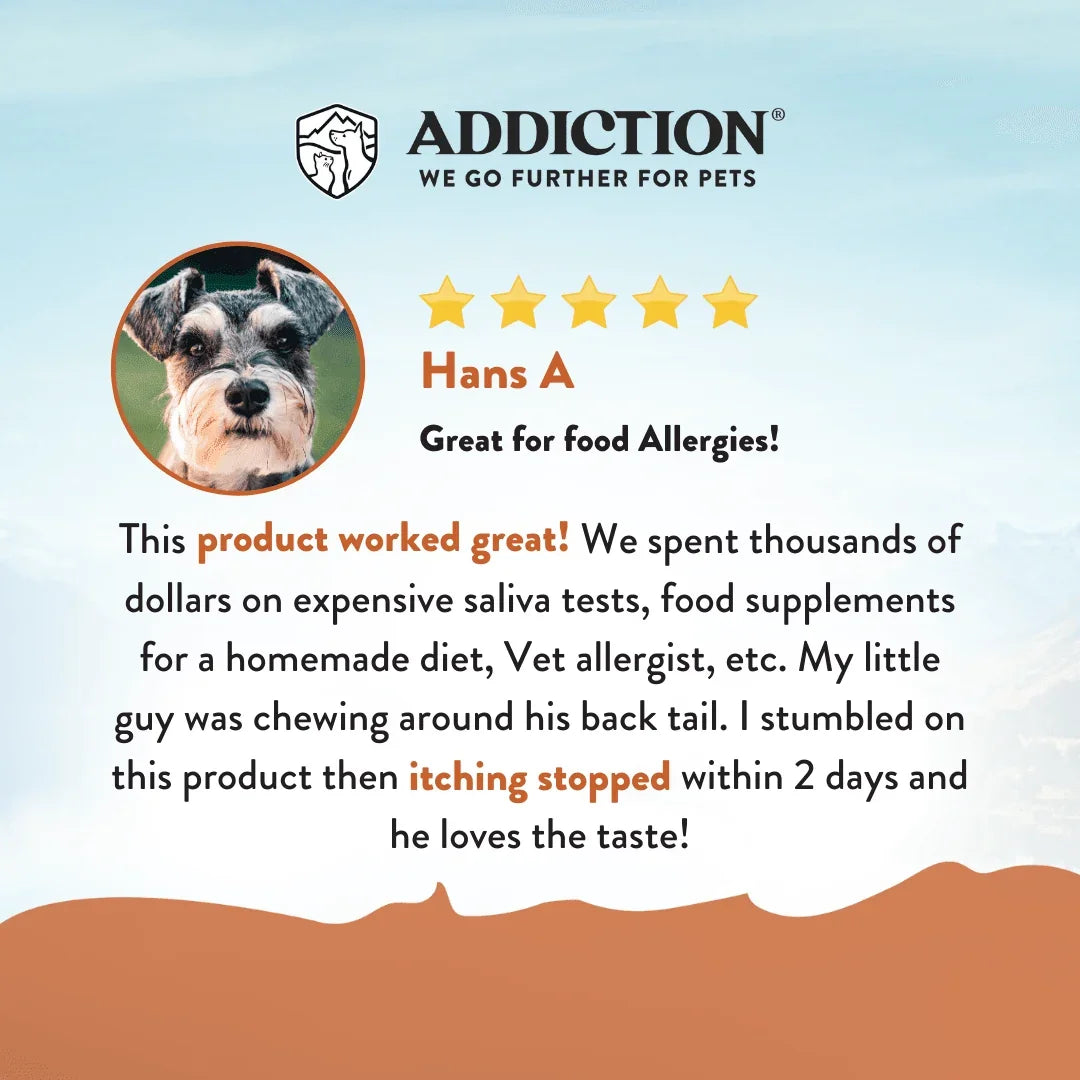 Customer review for Addiction Pet Foods USA with a photo of a dog and a 5-star rating.