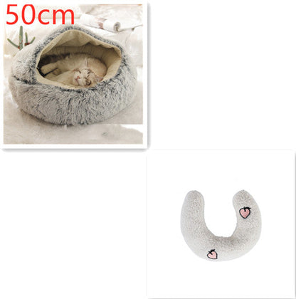 Grey plush pet bed for cats and dogs, 50cm round with enclosed cozy sleeping hollow