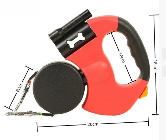 Red and black double retractable dog leash with dual reels and twin metal clips