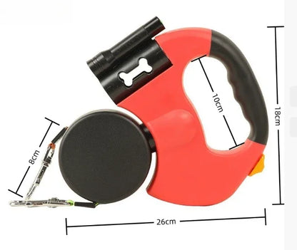 Red and black double retractable dog leash with dual reels and twin metal clips