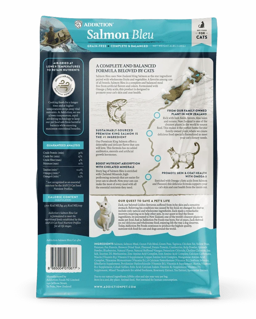 Salmon Bleu grain-free dry cat food bag back label with feeding and ingredient info