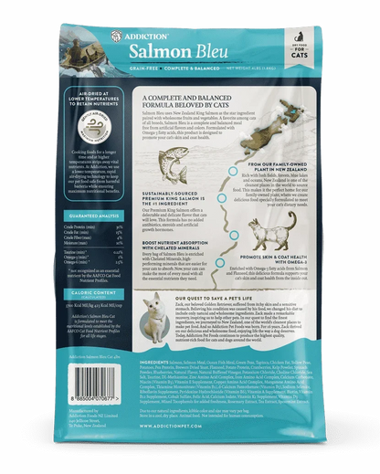 Salmon Bleu grain-free dry cat food bag back label with feeding and ingredient info