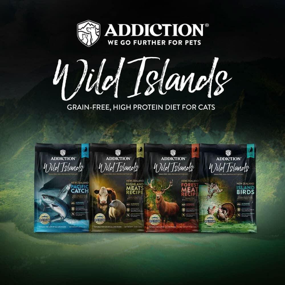 Addiction Wild Islands dry cat food pouch lineup with multiple recipes