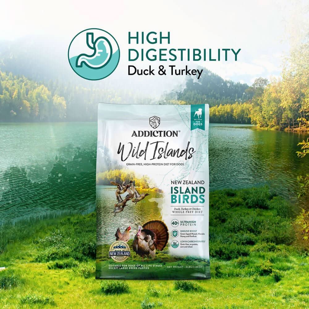 Premium dry dog food pouch with High Digestibility Duck & Turkey badge
