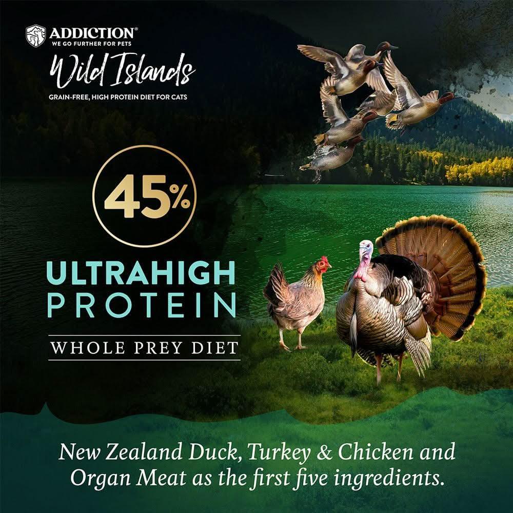Wild Islands dry cat food bag showing 45% ultra high protein whole prey diet