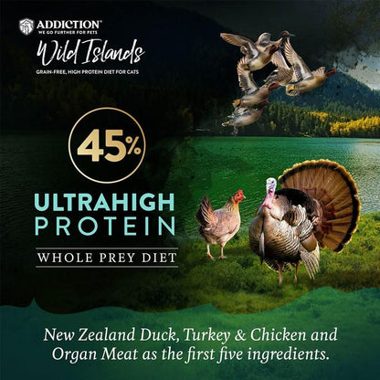 Wild Islands dry cat food bag showing 45% ultra high protein whole prey diet