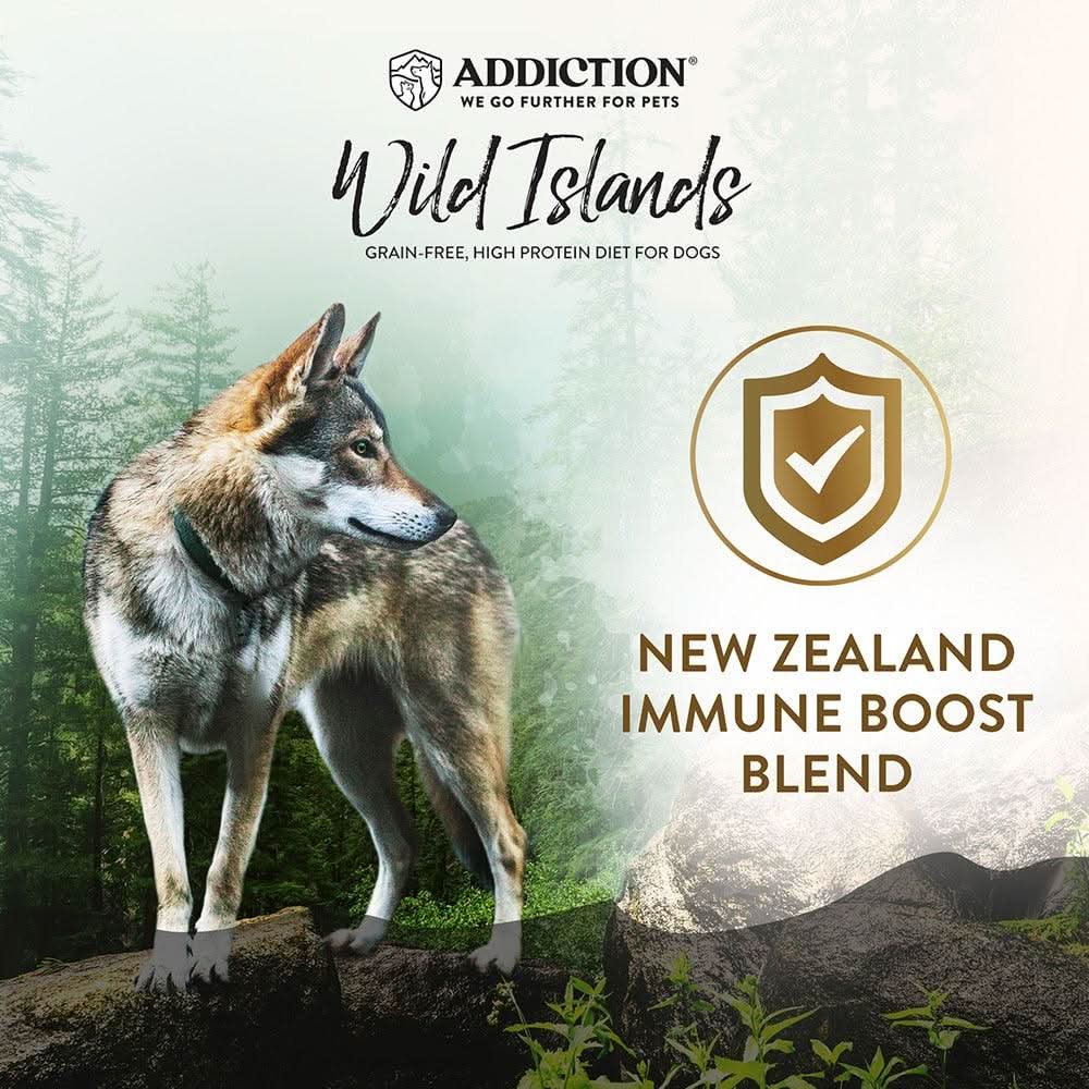 Premium dry dog food pouch for dogs, New Zealand Island Birds blend label