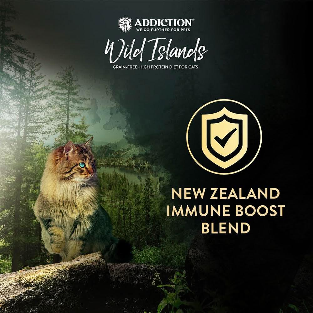 Wild Islands dry cat food bag featuring New Zealand immune boost blend emblem
