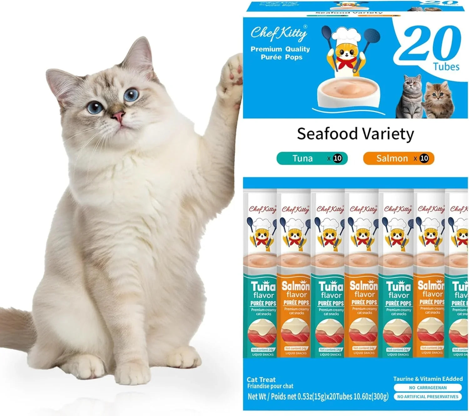 Seafood variety cat puree treat tubes, 20-pack carton with tuna and salmon flavors