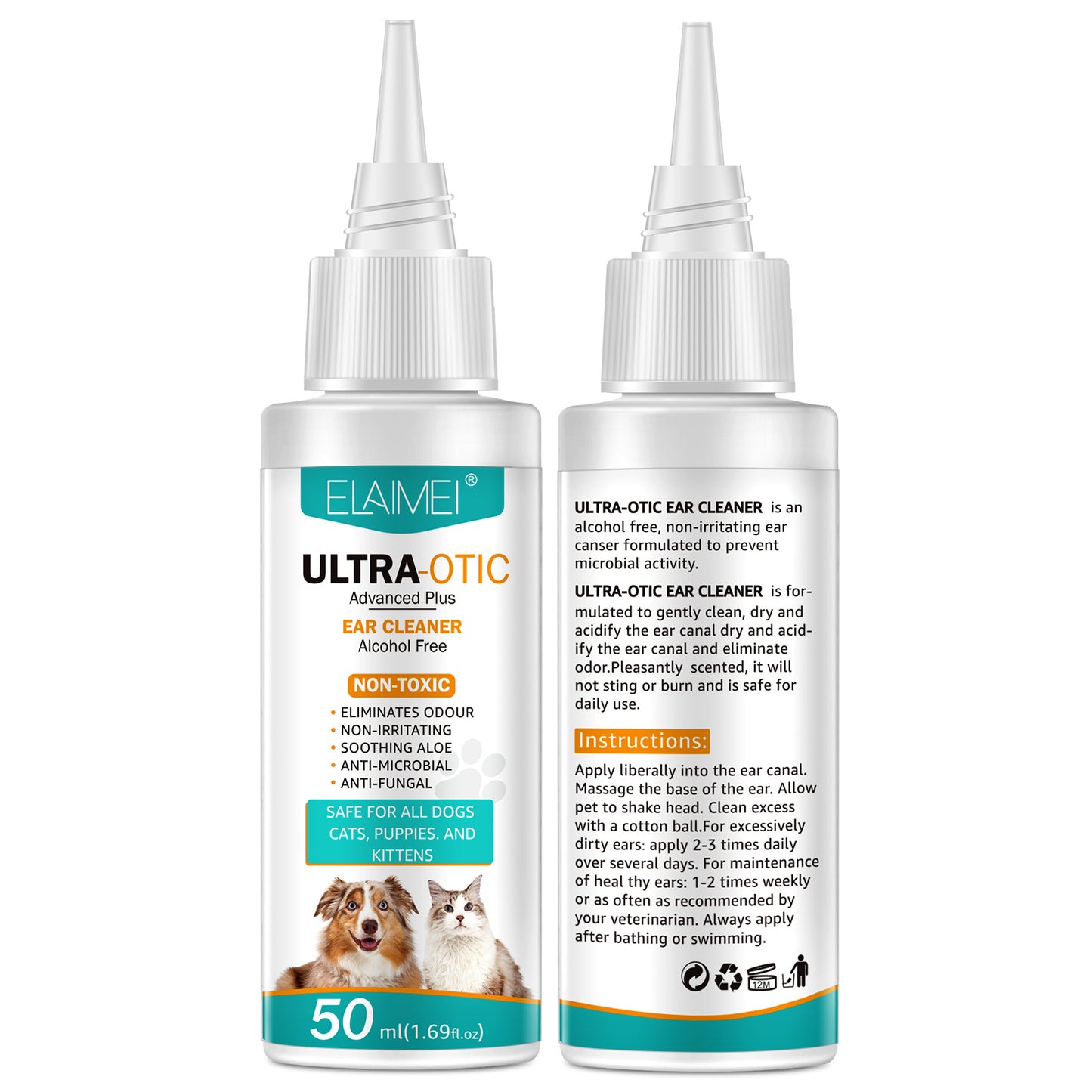 Two-sided view of ELAIMEI pet ear cleaner 50 ml bottles with droplet tips