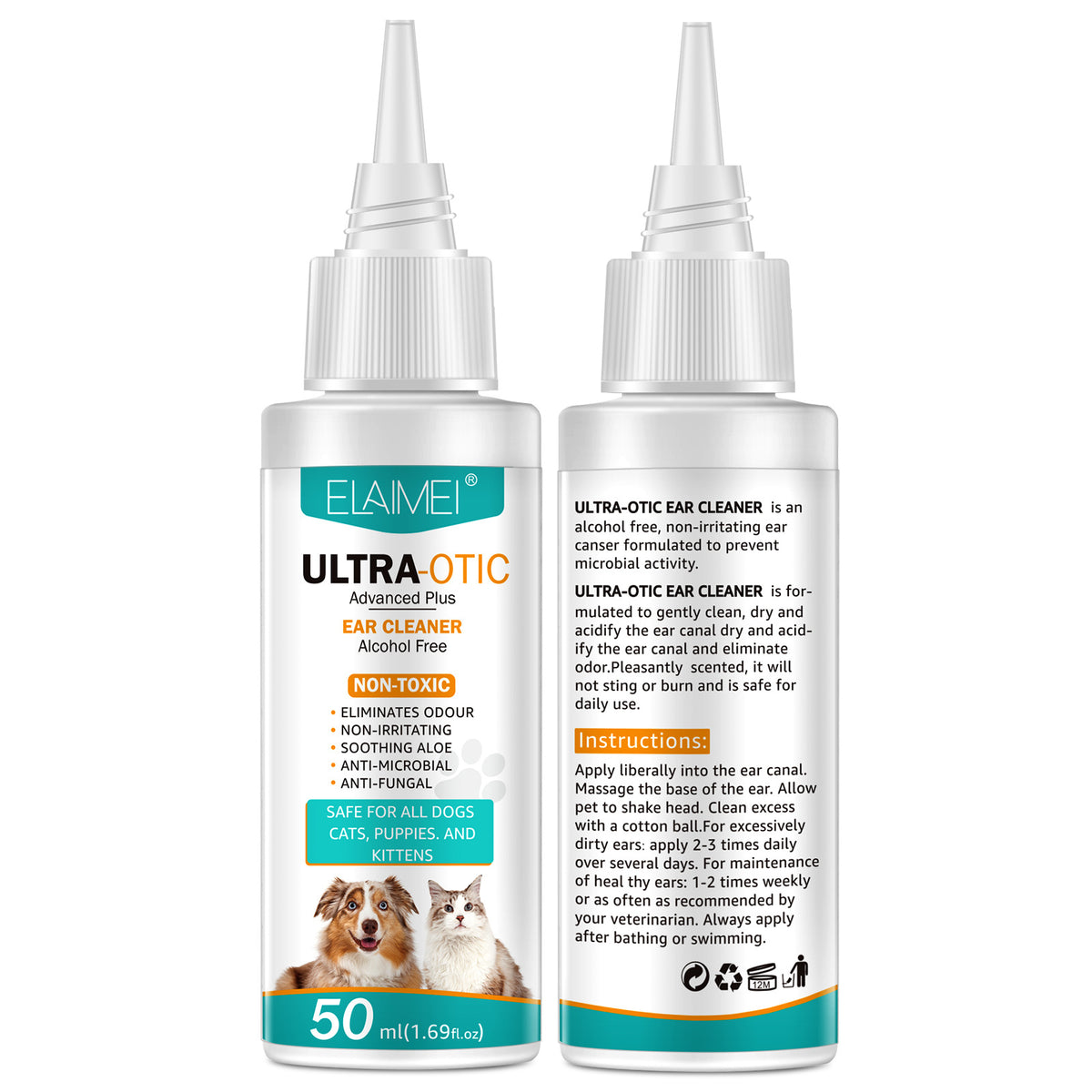 Two-sided view of ELAIMEI pet ear cleaner 50 ml bottles with droplet tips