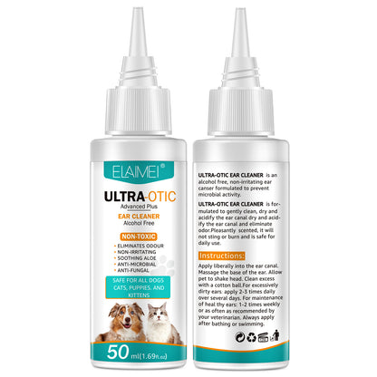 Two-sided view of ELAIMEI pet ear cleaner 50 ml bottles with droplet tips