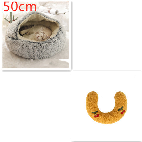 Grey plush pet bed for cats and dogs, 50cm round with soft shaggy outer rim