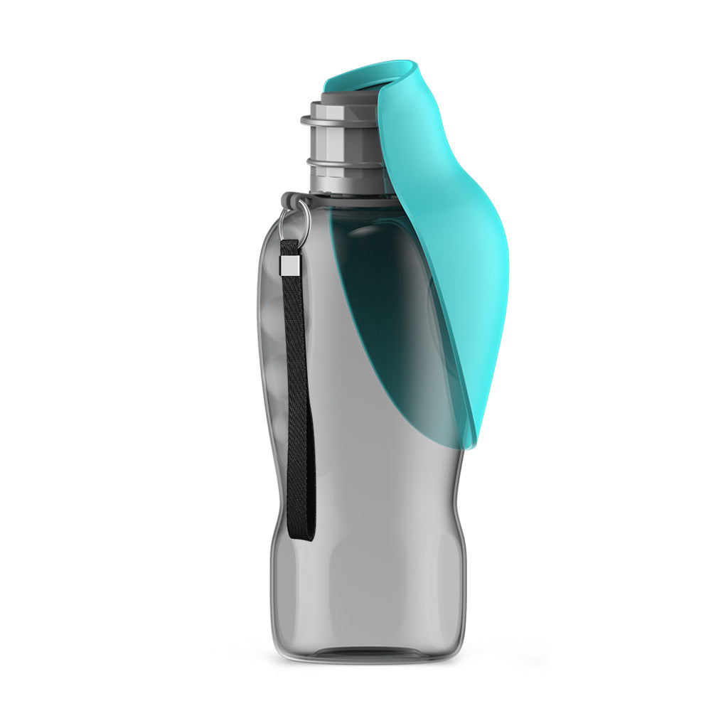 Portable dog water bottle with built-in drinking bowl, teal-green and clear body