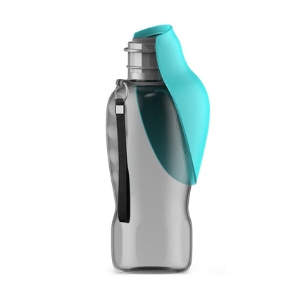 Portable dog water bottle with built-in drinking bowl, teal-green and clear body