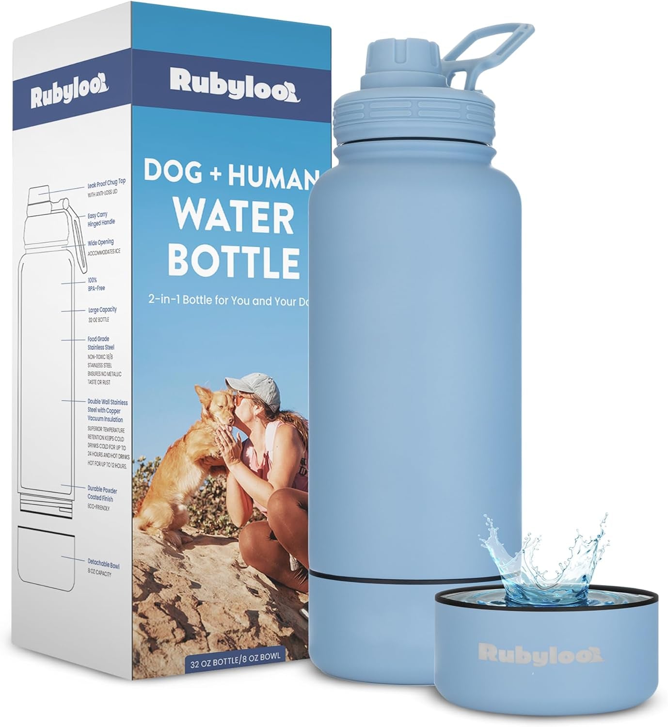 32 oz insulated stainless steel dog water bottle with detachable dog bowl, dusty blue