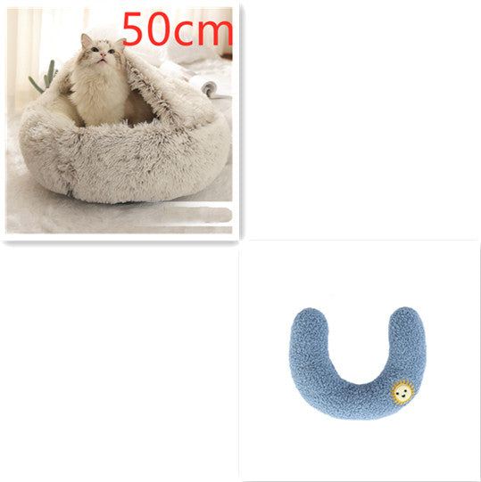 Light gray plush pet bed, U-shaped rim, 50cm; includes blue U-shaped bolster