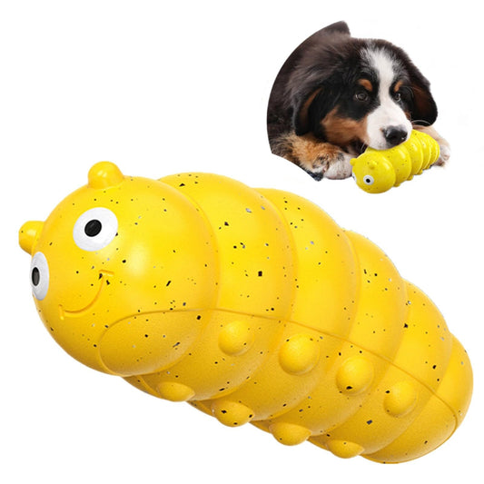 Yellow ribbed squeaky dog chew toy shaped like a caterpillar, with cartoon face.