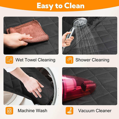Black waterproof dog seat cover cleaning methods with wet towel and shower rinse