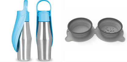 Portable pet dog water bottle with gray silicone leaf bowls and carry handle