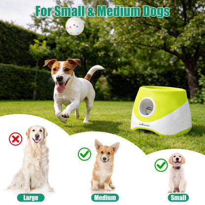 Green and white ball launcher with speckled ball above for small and medium dogs