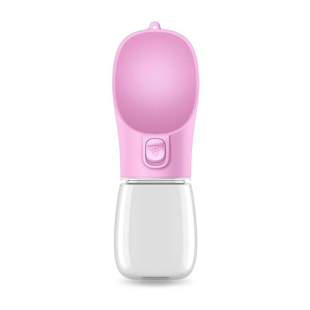Portable dog water bottle with built-in drinking bowl, light pink and white