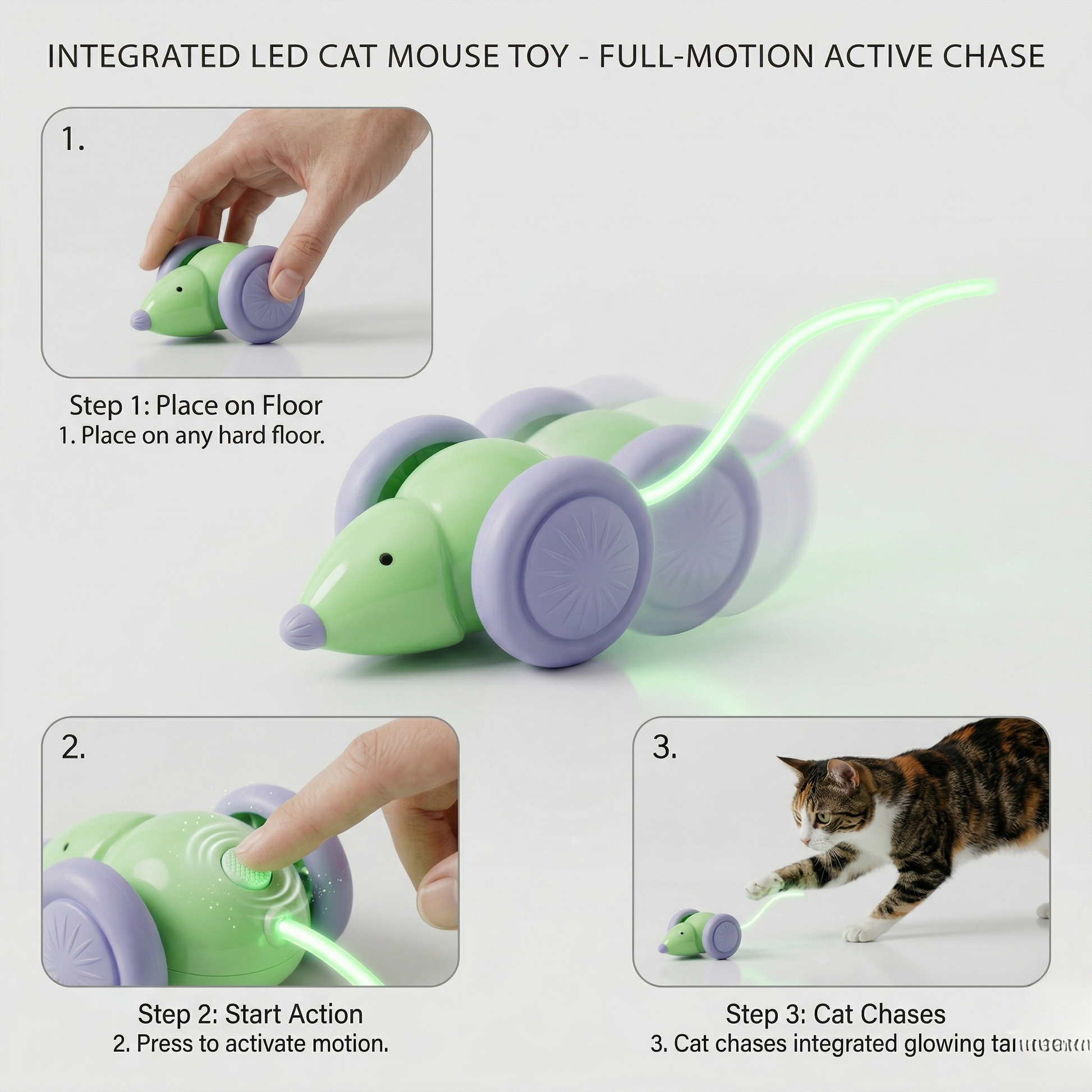 Green cat LED mouse toy with purple wheels and glowing light wand