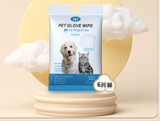 Pet glove wipe packet with white disposable cleaning gloves for dogs and cats