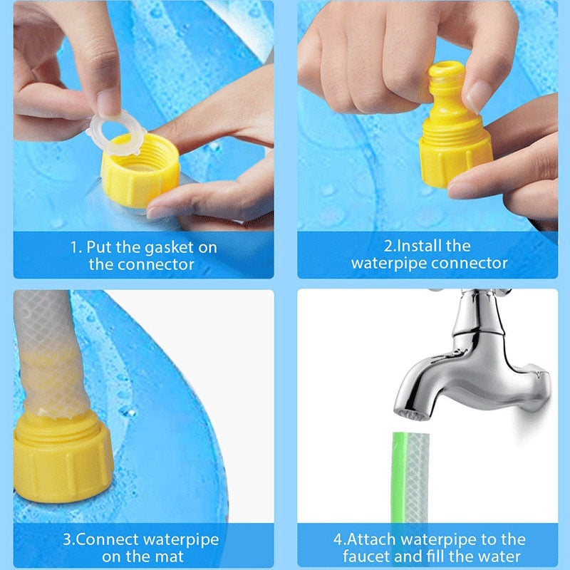 Yellow garden connector and hands installing onto blue inflatable cooling mat