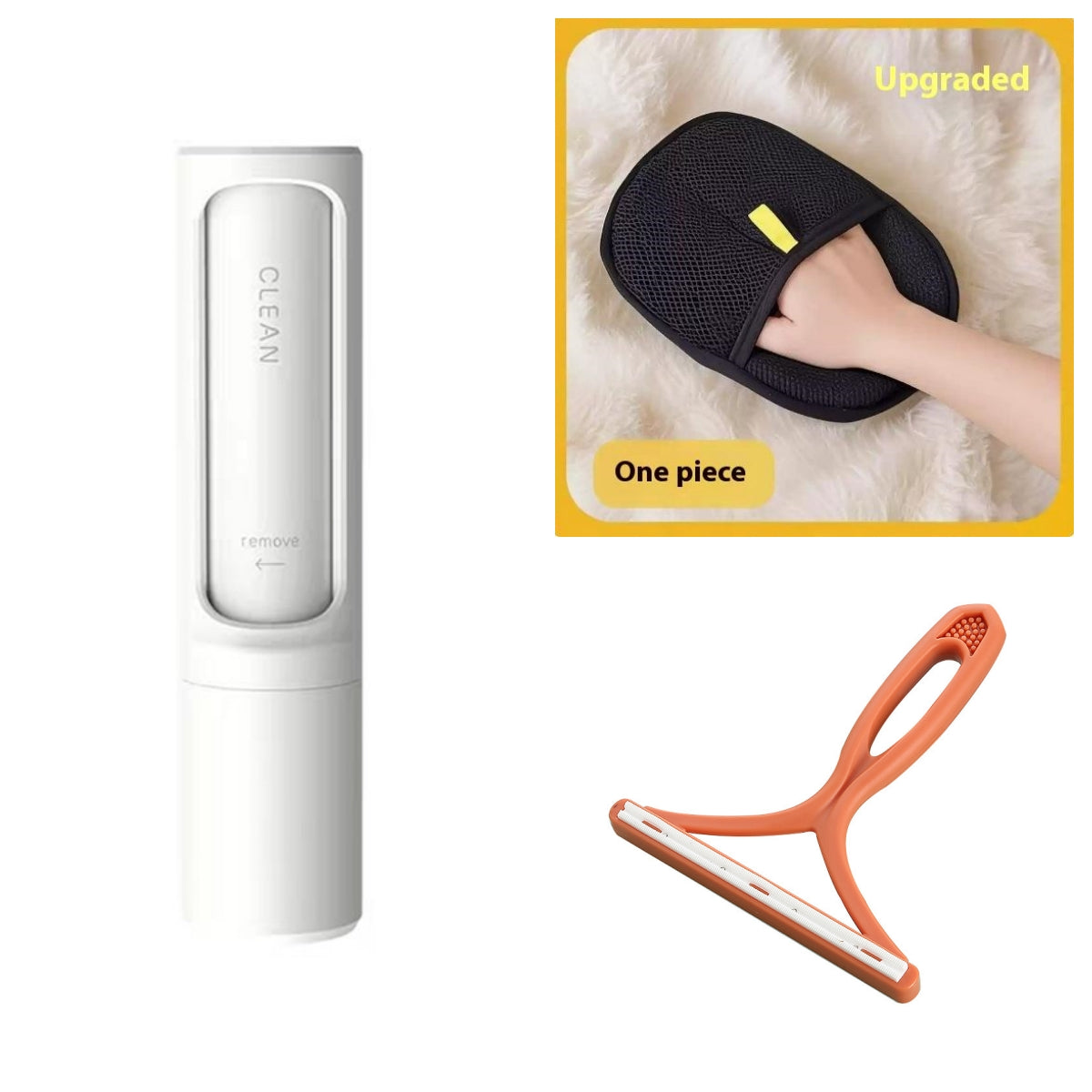 2-in-1 pet hair remover and lint roller set: white roller, black brush, orange scraper