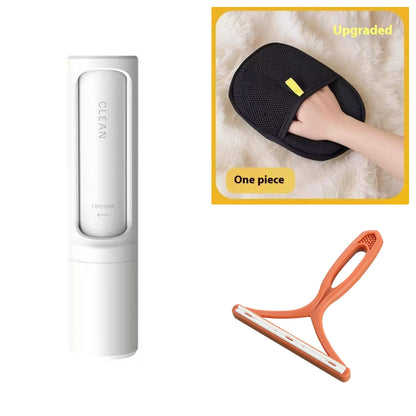 2-in-1 pet hair remover and lint roller set: white roller, black brush, orange scraper