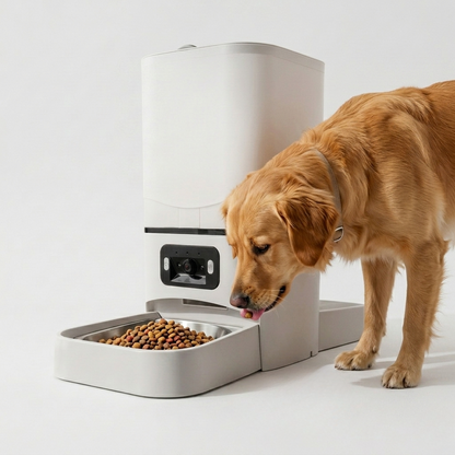 White automatic pet feeder dispensing kibble with brown dog nearby