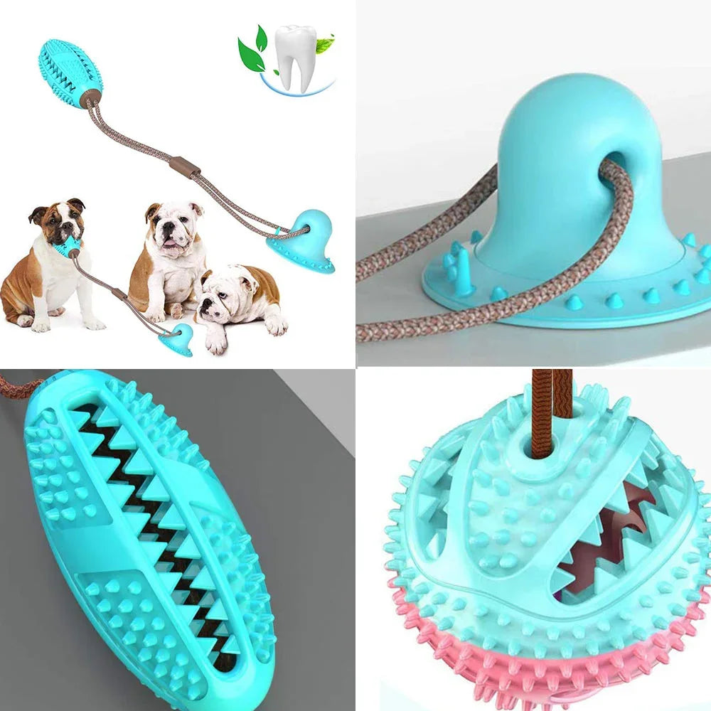 Blue dog dental chew toy with rope, textured surfaces, and tooth-cleaning nubs for healthy gums and fun play