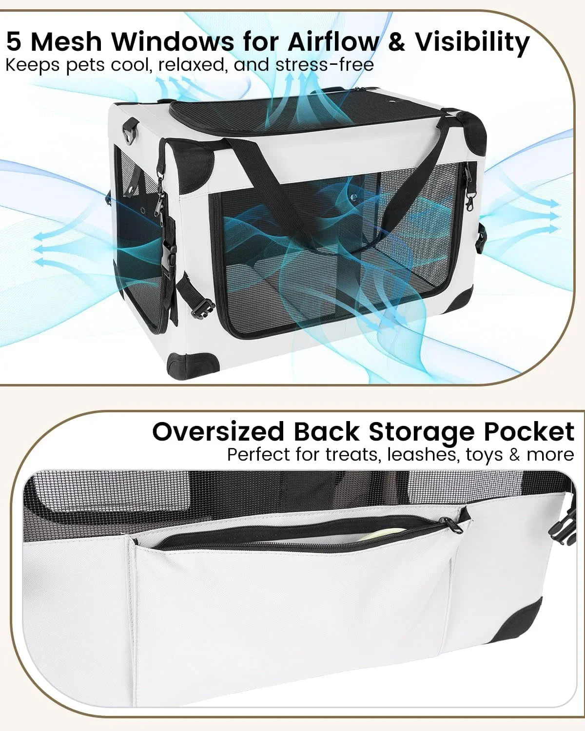 Soft-sided cat carrier with mesh panels and rear storage pocket, grey/black, top handle.