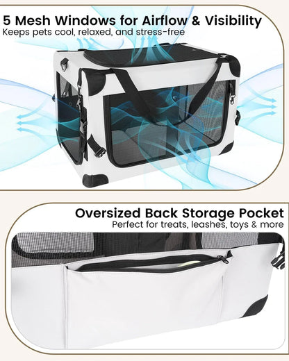 Soft-sided cat carrier with mesh panels and rear storage pocket, grey/black, top handle.