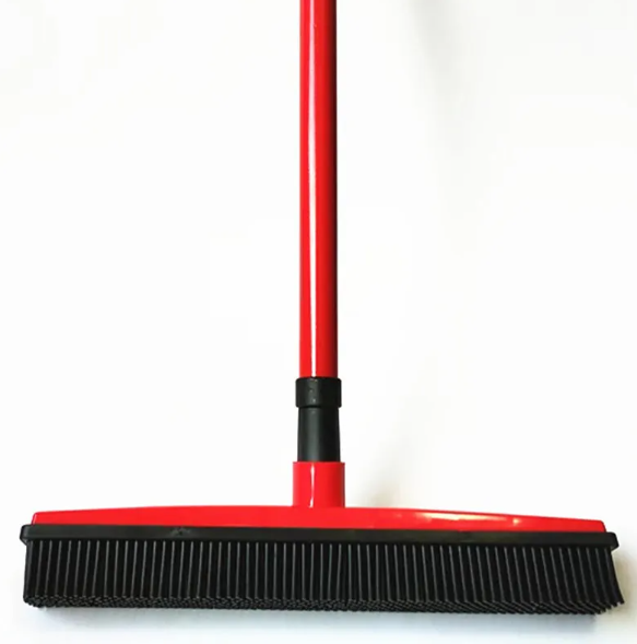 Pet hair removal broom mop with red handle and black bristle sweeping head