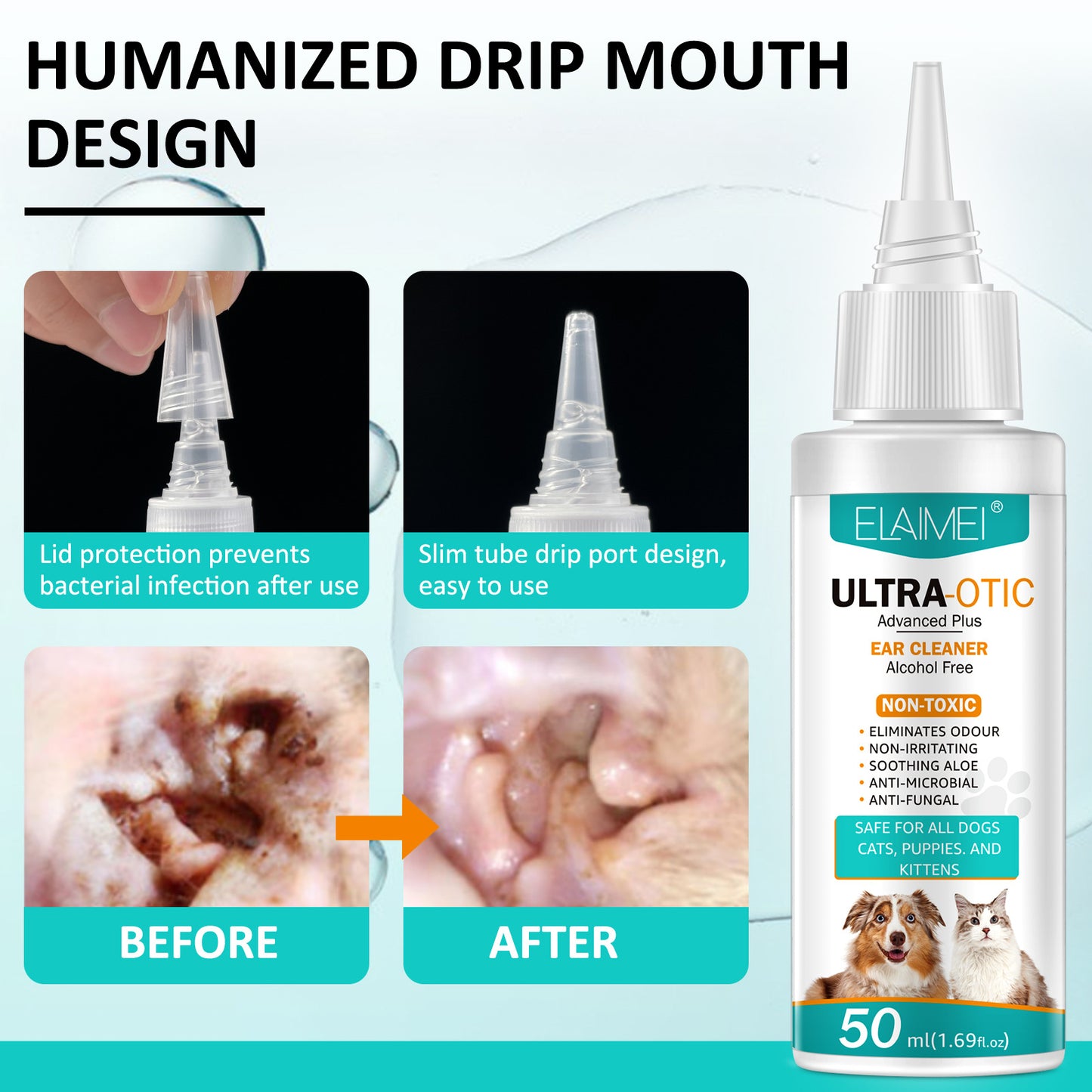 Dropper nozzle pet ear cleaner bottle, 50 ml, for precise ear application
