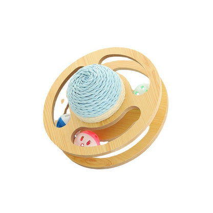 Blue sisal ball cat scratcher with circular wooden track and colorful rolling balls