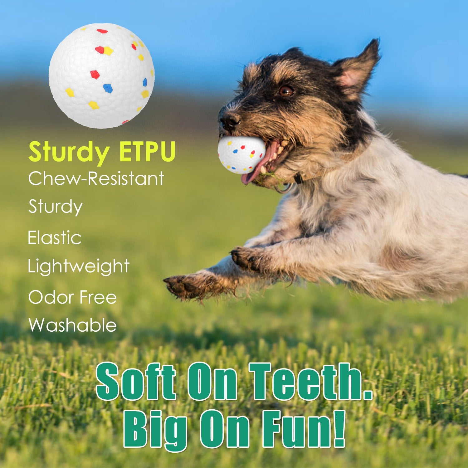 Dog near speckled ball next to green and white automatic ball launcher on grass