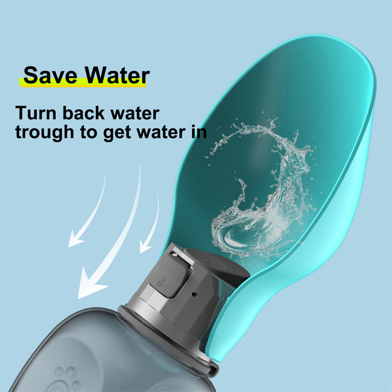 Portable dog water bottle with turquoise trough flips back to return water into bottle