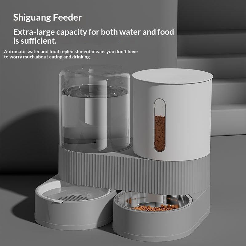 Automatic pet dispenser: water tank and food bin, gray base with white top