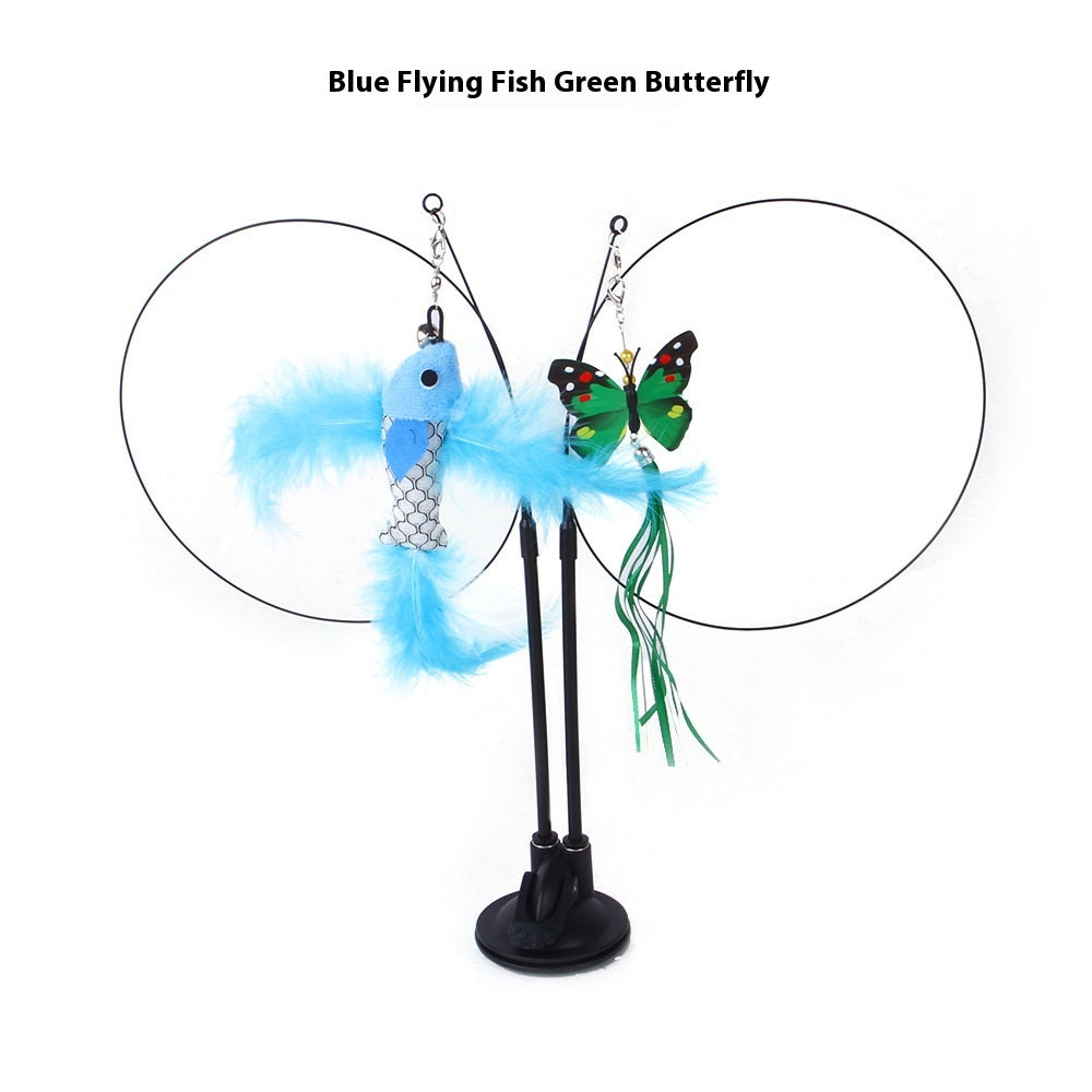 Cat suction teaser toy with blue plush fish, green butterfly, and double wand poles