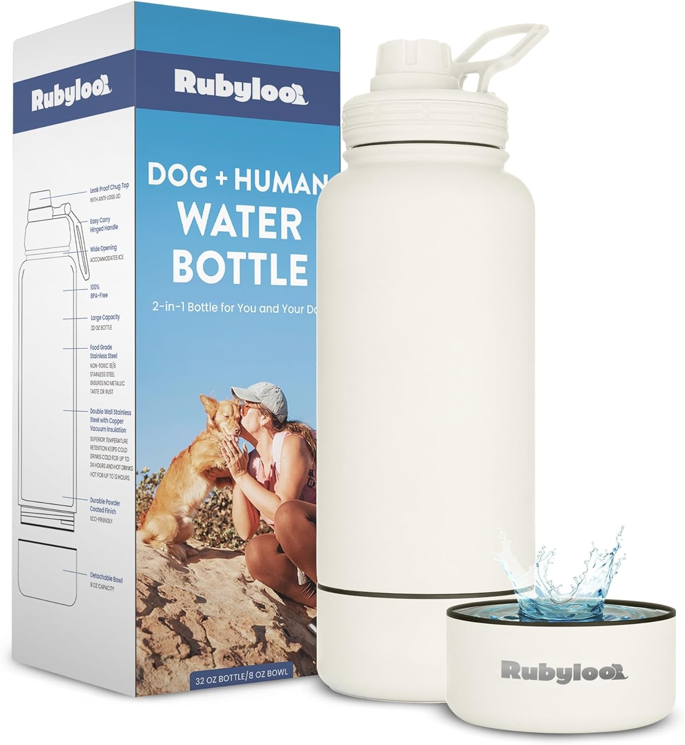 Cream insulated dog water bottle with detachable dog bowl and water being poured