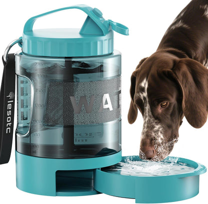 Teal dog travel water bottle with built-in spill-proof drinking bowl and carry strap