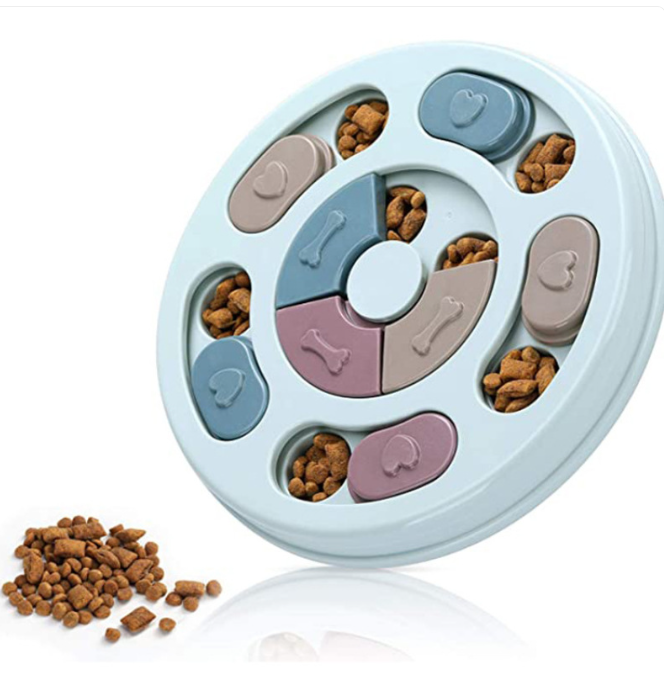 Light blue round puzzle bowl with bone-shaped sliding lids and multiple kibble compartments